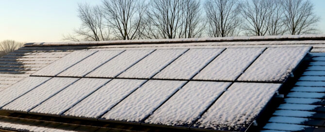 Dak met zonnepanelen die deels bedekt zijn met een laag sneeuw