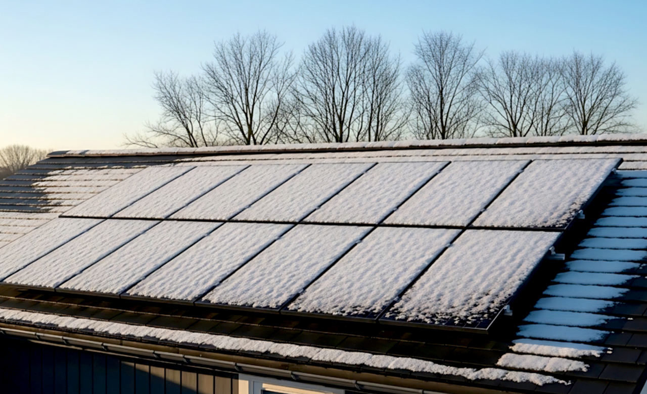 Dak met zonnepanelen die deels bedekt zijn met een laag sneeuw