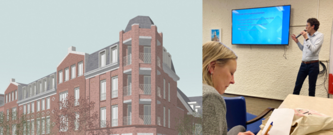 Impressie van nieuwbouw St. Jozef naast foto van informatieavond met spreker en noterende bewoner
