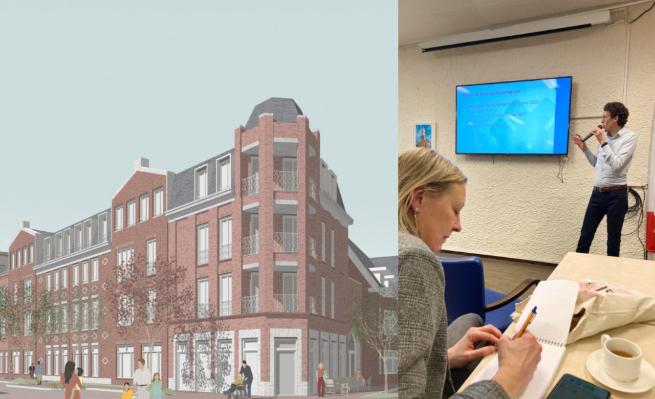 Impressie van nieuwbouw St. Jozef naast foto van informatieavond met spreker en noterende bewoner