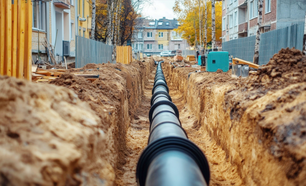 Sleuf in een straat met een lange zwarte leiding voor warmtenet