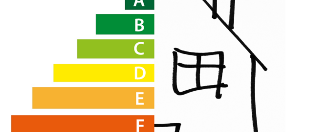 Illustratie van een huis met daarnaast een energielabel van groen A tot rood G.