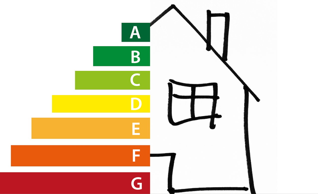Illustratie van een huis met daarnaast een energielabel van groen A tot rood G.