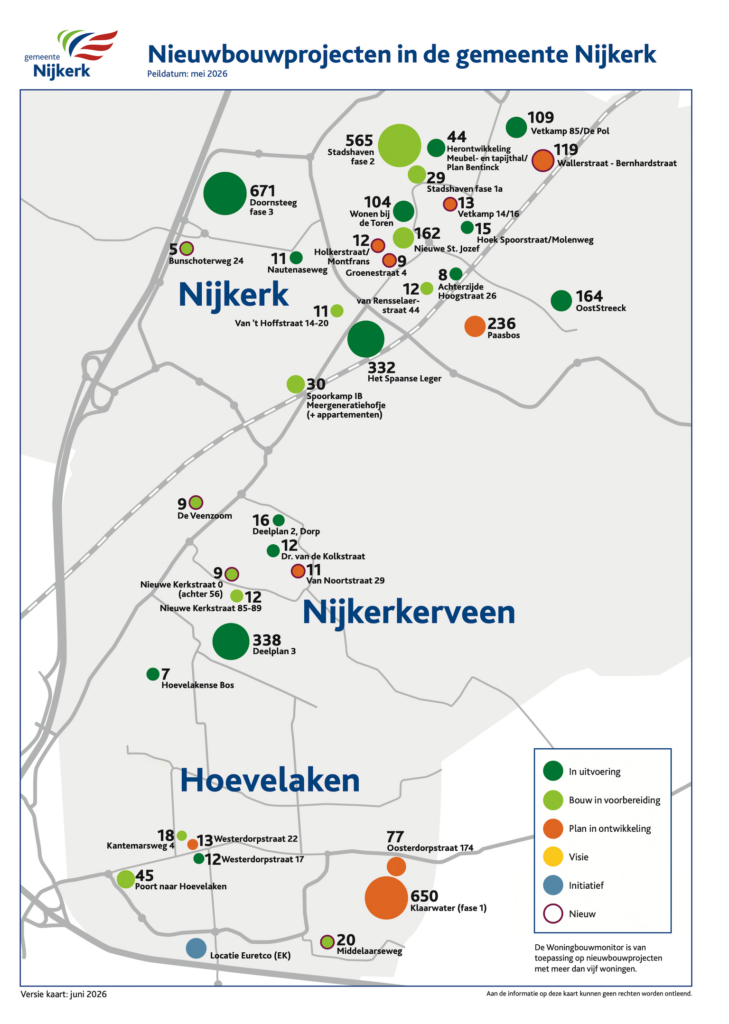 Kaart met nieuwbouwprojecten in Nijkerk, Nijkerkerveen en Hoevelaken, met per locatie het aantal geplande woningen en de fase van het project.